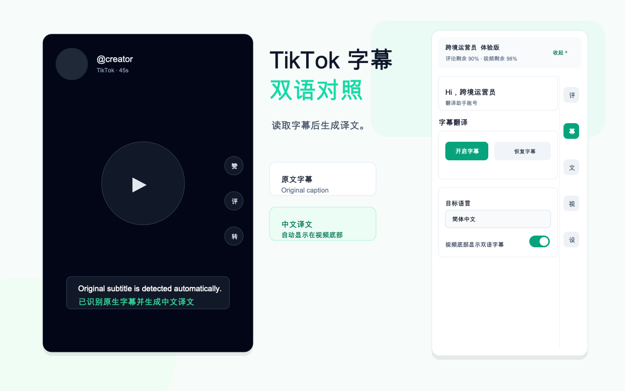 草堆翻译助手在 TikTok 视频画面中显示字幕翻译